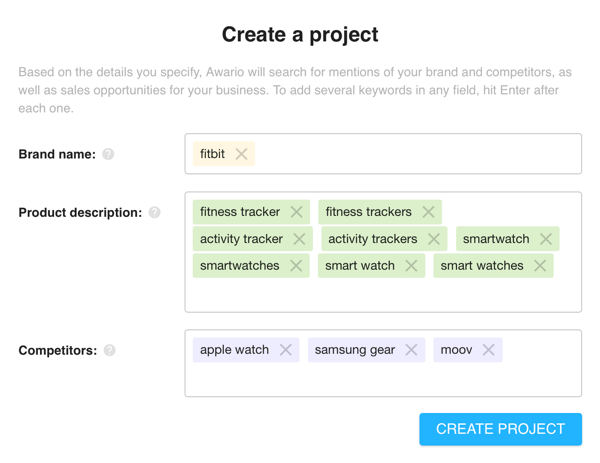 Fitbit için ürün açıklaması ve rakip anahtar kelimeleri içeren bir Awario Leads projesi örneği.