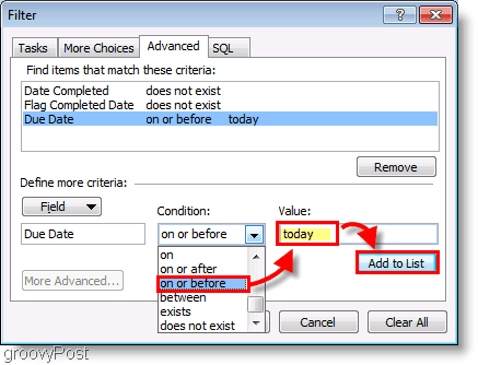 Ekran Görüntüsü: Outlook 2007 Yapılacaklar Çubuğu Kurulum Filtresi Bugün