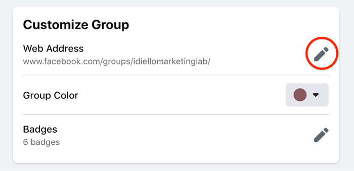 facebook web adresini düzenlemek için vurgulanan grup ayarlarını özelleştir seçeneği