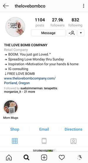 @Thelovebombco tarafından sunulan Instagram İşletme profili biyografisi örneği.