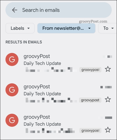 Gmail uygulaması arama sonuçları