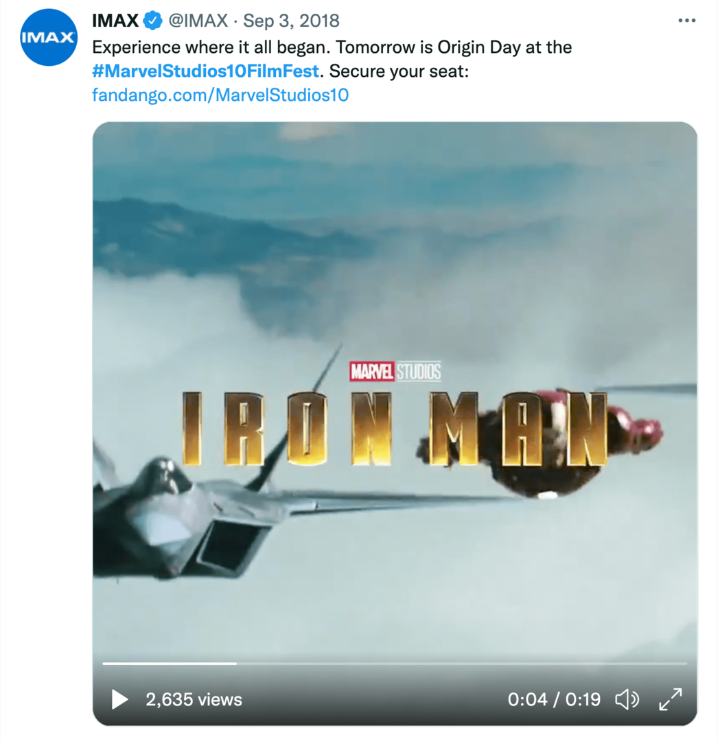 Marvel Studios 10 yıllık film festivali hakkında IMAX tweet'inin görüntüsü