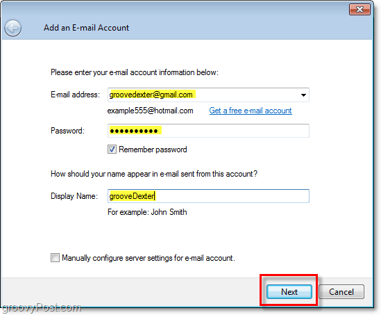 Windows Live Mail'de e-posta hesabı için kimlik bilgilerini girin