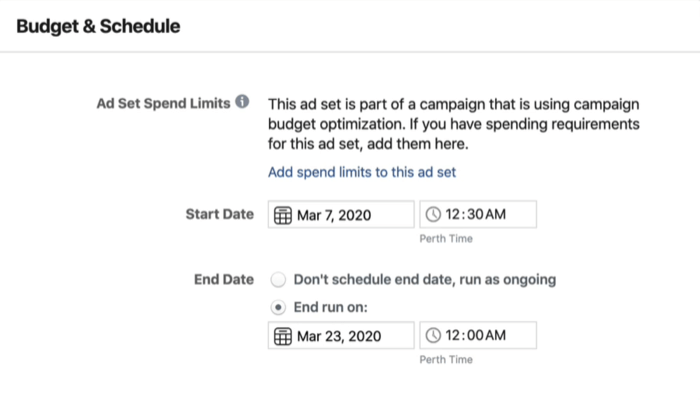 Facebook Reklam Yöneticisi'nde reklam seti düzeyinde Bütçe ve Planlama bölümü