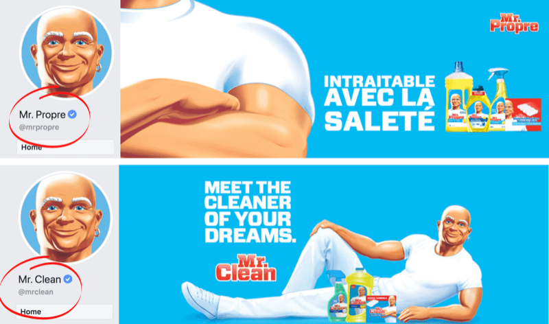 Fransa / Belçika ve ABD pazarlarında Mr. Clean markası için dil farklılıklarını gösteren Facebook sayfası ve kapak resmi