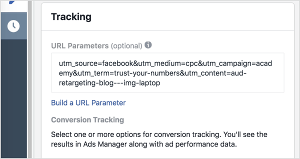 Ads Manager'da, izleme parametrelerinizi (soru işaretinden sonraki her şey) URL Parametreleri kutusuna ekleyin.
