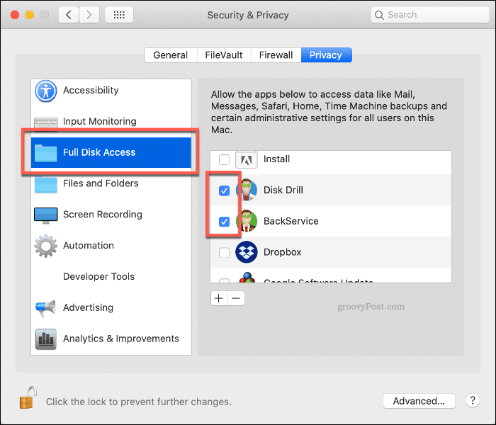 MacOS'ta Disk Drill'e tam sürücü erişimine izin verme