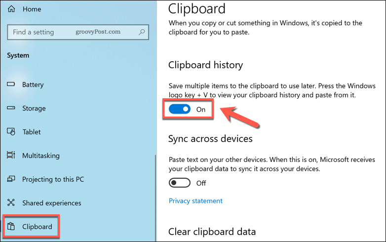 Windows 10'da pano geçmişini etkinleştirme