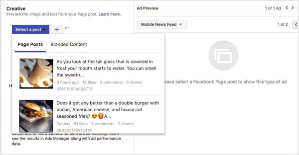 Facebook etkileşim reklamı için bir gönderi seçin.