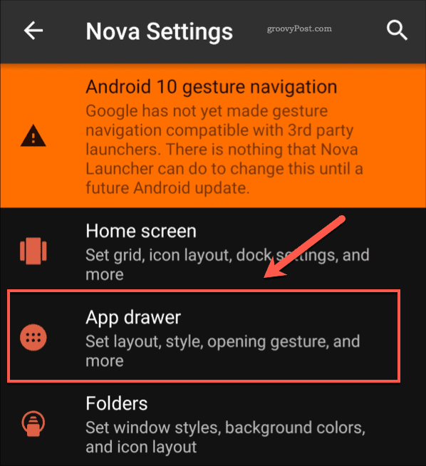 Nova Settings uygulama çekmecesi menü seçeneği