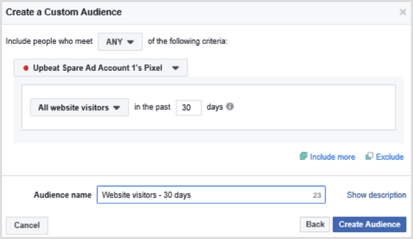 Son 30 gün içinde tüm web sitesi ziyaretçileri için bir Facebook özel hedef kitlesi oluşturma seçeneklerini seçin