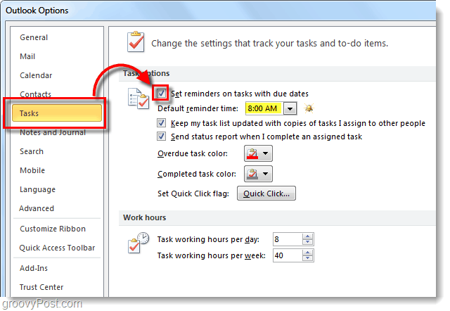 Outlook 2010 için Varsayılan Görev Hatırlatıcıları Nasıl Ayarlanır