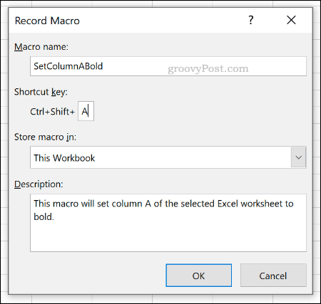 Excel'de Makro Kaydet seçenekleri menüsü