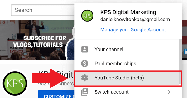 Sosyal medya pazarlama stratejisi; YouTube Analytics'e erişmek için 1. adımın ekran görüntüsü.