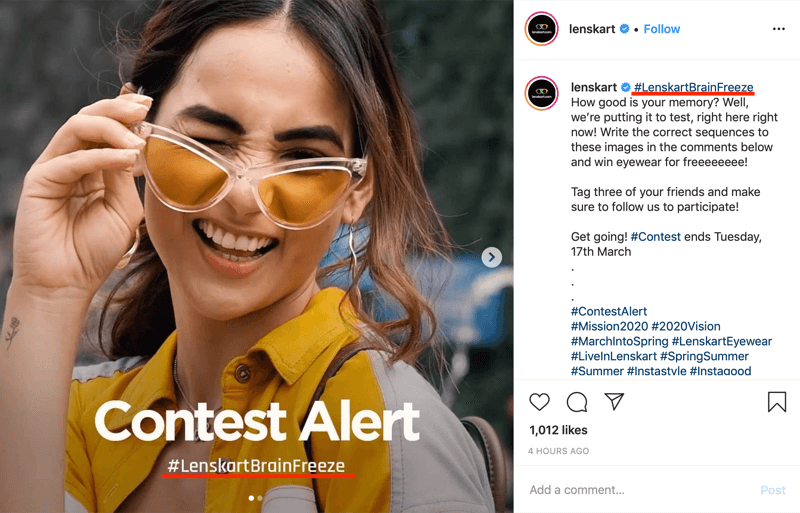 Görselde ve başlıkta markalı hashtag içeren Instagram yarışma gönderisi örneği