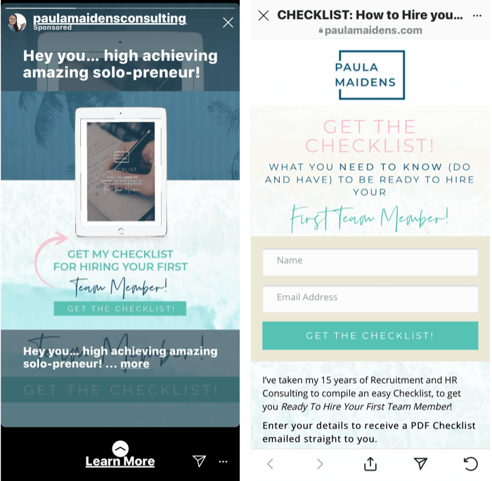 İlk ekip yöneticinizi işe almanız için ücretsiz bir kontrol listesi sunan Instagram Hikayeleri reklamının ekran görüntüsü