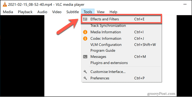 Windows'ta VLC Efektleri ve Filtreler menüsüne erişim