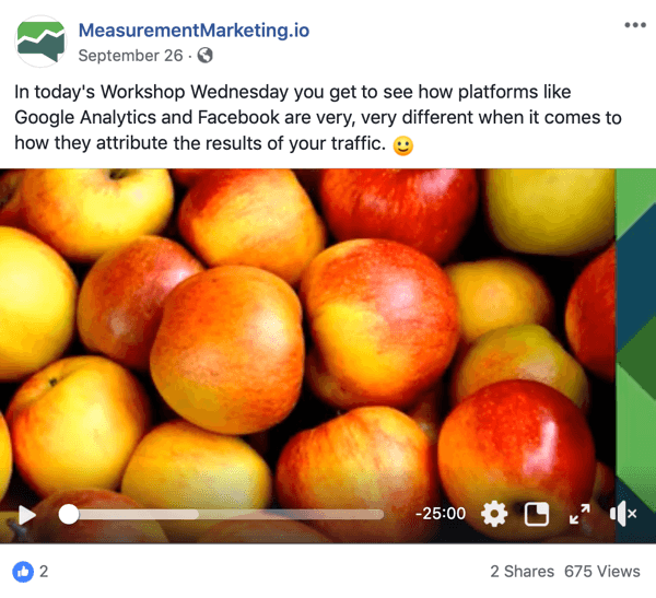 Bu, MeasurementMarking.io sayfasındaki bir Facebook gönderisinin ekran görüntüsüdür. Gönderide ayrıca Chris Mercer'in Atölye Çarşambaları baş mıknatısını tanıtan bir video gösteriliyor. Videoyu izleyen veya tıklayan kullanıcılar bir farkındalık hedefini tamamlamış olabilir.