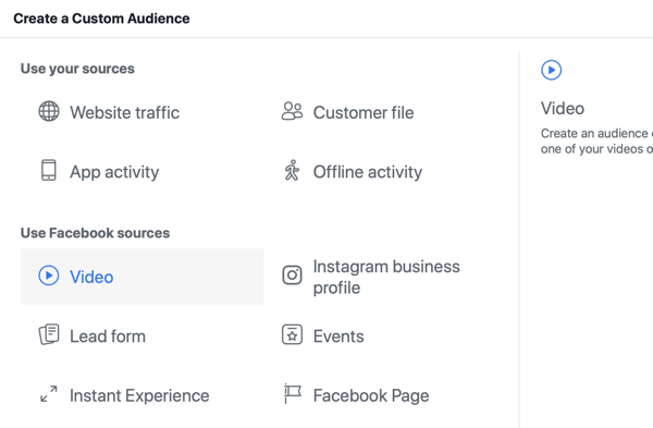 Facebook'ta canlı etkinliğinizi nasıl tanıtabilirsiniz, 8. adım, Facebook Reklam Yöneticisi'nde video görüntülemelerine göre özel kitle oluşturma
