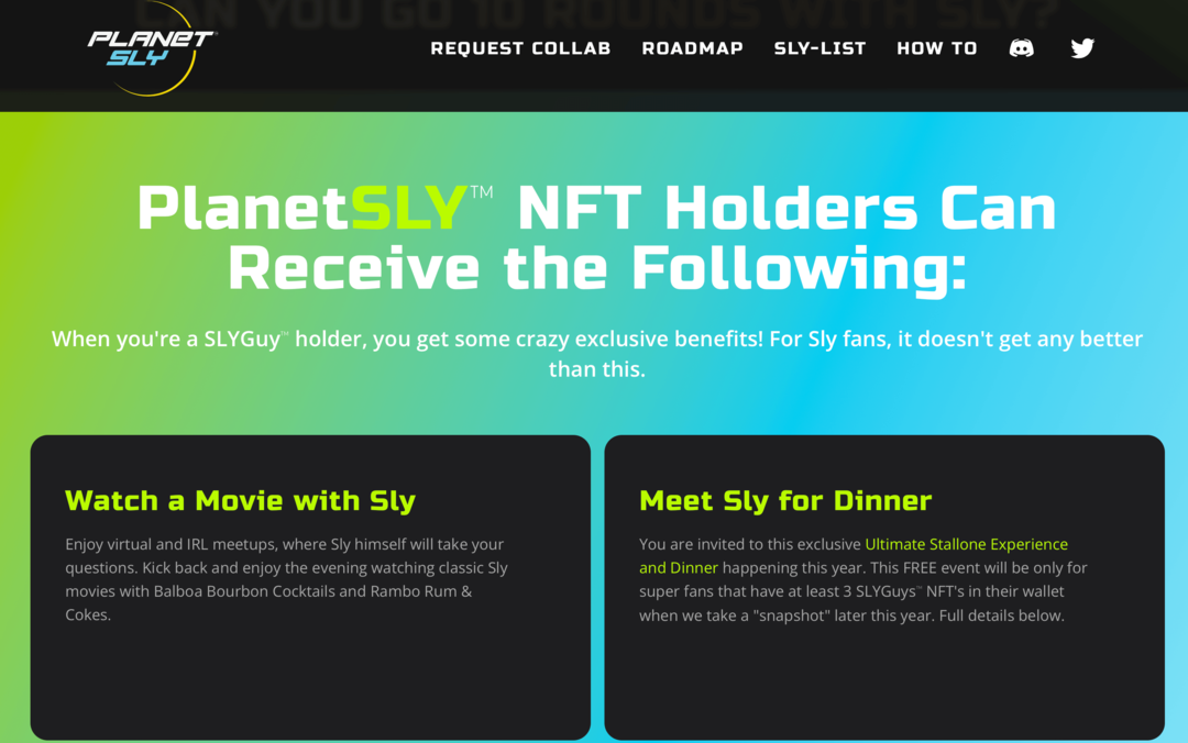 SLYGuy NFT sahipleri için faydaları açıklayan PlanetSly web sitesinin görüntüsü