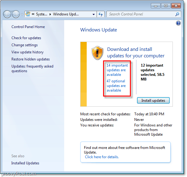 Windows 7 - Windows Update Sayfası Ekran Görüntüsü