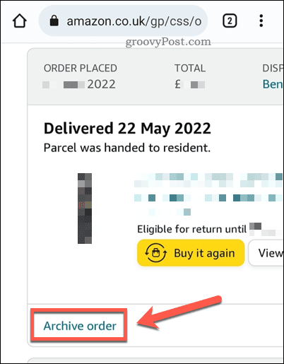 Amazon mobilde bir siparişi arşivleme