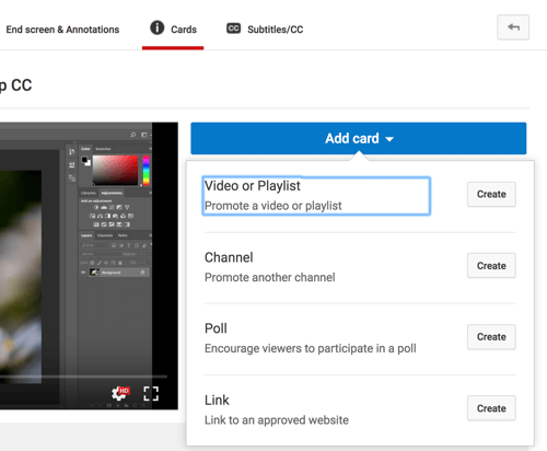 Kart Ekle'yi tıklayın ve YouTube videonuza eklemek istediğiniz kart türünü seçin.