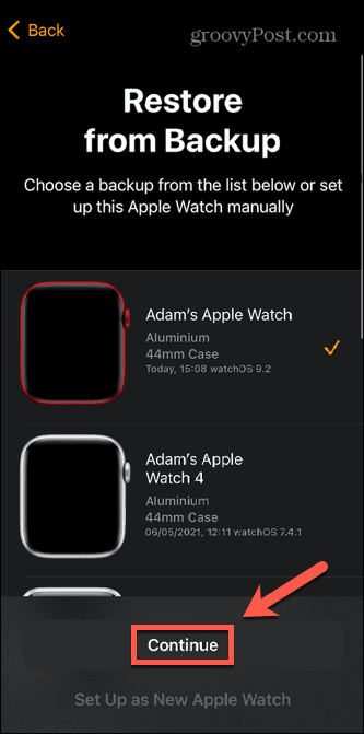 apple watch yedekleme seç