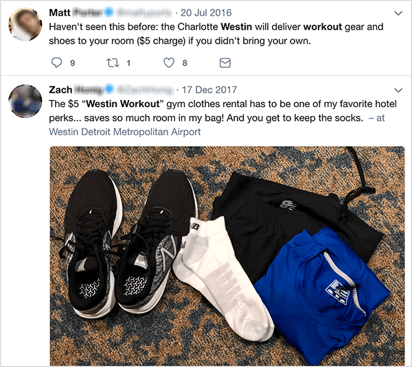Bu, Westin egzersiz kıyafeti kiralama programı hakkında tweet'lerin bir ekran görüntüsü. Jay Baer, ​​kiralama programının bir konuşma tetikleyicisine bir örnek olduğunu söylüyor.