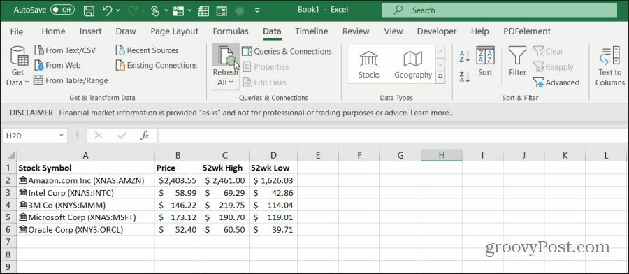 Excel'de hisse senedi verilerini yenileme