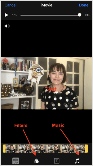 İMovie'ye filtre ve müzik eklemek için ekranın altındaki araçlara dokunun.