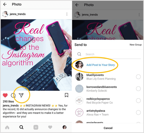 Instagram yeniden paylaşma özelliğine erişiminiz olup olmadığını görmek için Hikayenize Gönderi Ekle seçeneğine bakın.