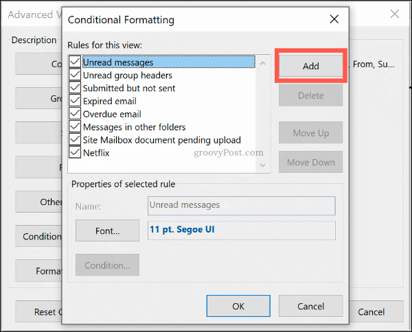 Outlook'ta yeni bir koşullu biçim kuralı eklemek için Ekle'yi tıklatın