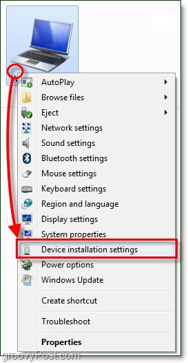 Windows 7 bilgisayarınızın bağlam menüsünde cihaz kurulum ayarlarına gidin