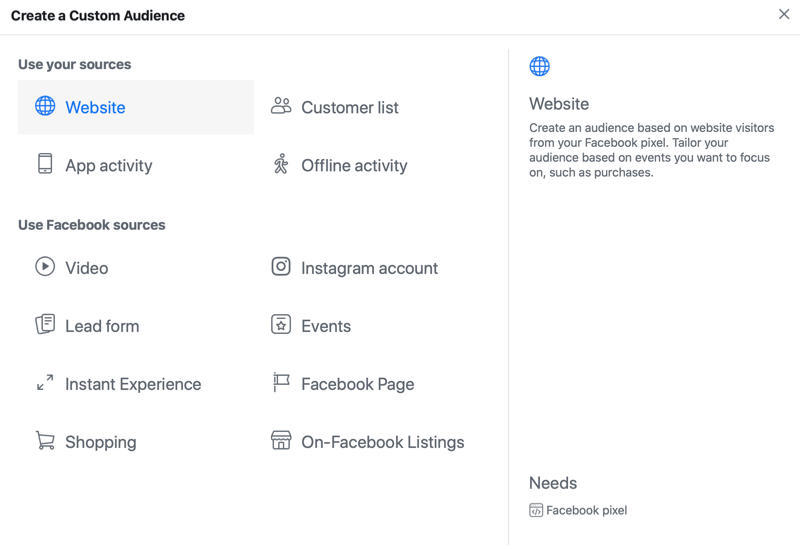 facebook reklamı, web sitesi kaynak seçeneğinin seçili olduğu özel kitle menü seçenekleri
