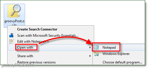 Windows 7'de düzenlemek için not defteri ile bir arama bağlayıcısı açın