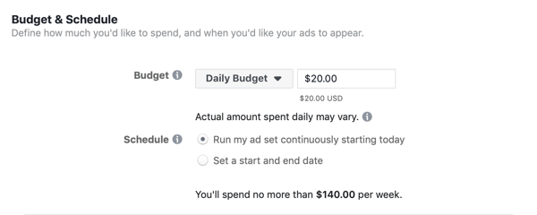 Facebook Reklam Yöneticisi, reklam grubu için Bütçe ve Planlama bölümü