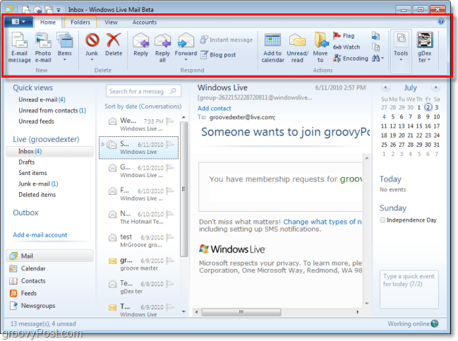 windows live mail için serin yeni şerit