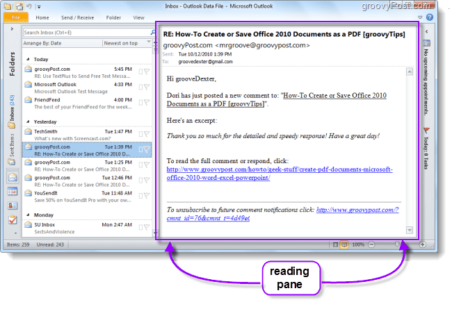 Outlook 2010 okuma bölmesi görünümü e-postaları