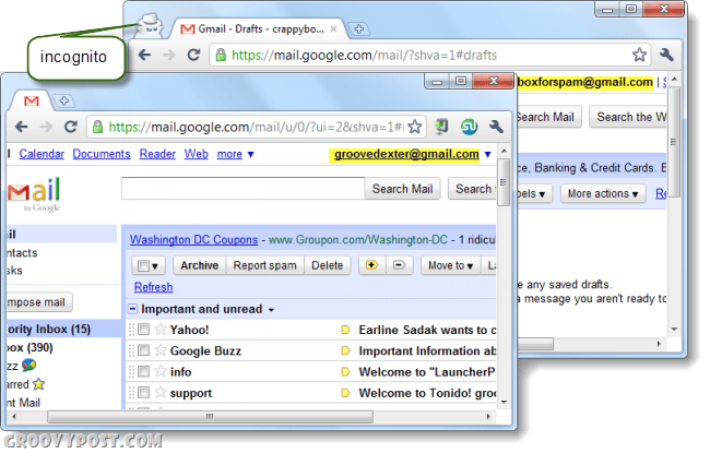 chrome'da iki gmail hesabı çalıştıran bir bilgisayar