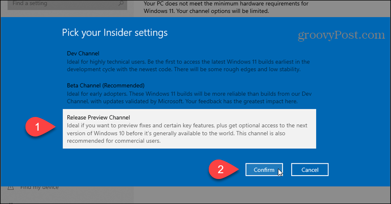 Windows Insider Programı için Sürüm Önizleme Kanalını seçin