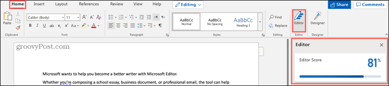 Çevrimiçi Word'de Microsoft Düzenleyici düğmesi ve kenar çubuğu