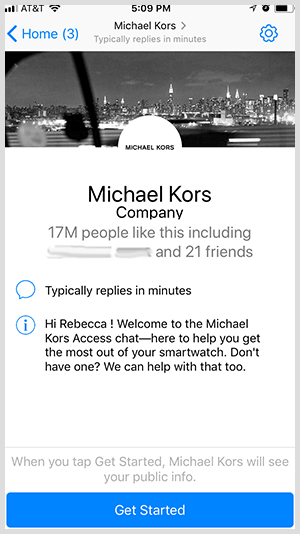 Michael Kors'unki gibi bir Messenger botunu seçmek için, kullanıcılar Başlayın düğmesini tıklayın.