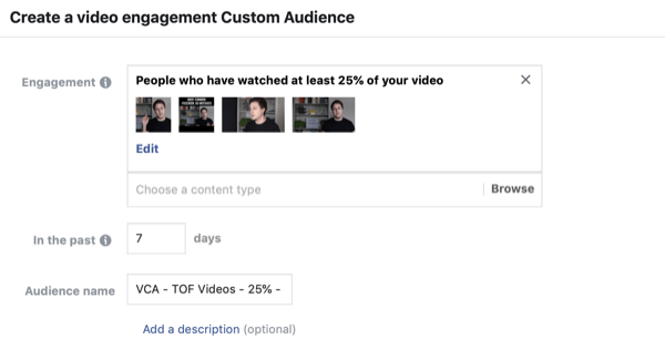 Facebook özel video izleyicileri kitlesini oluşturun, 2. adım.