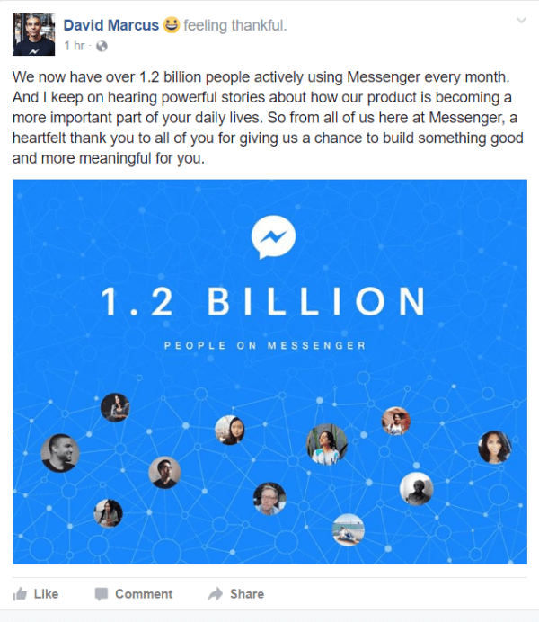 Facebook, şu anda her ay Messenger'ı aktif olarak kullanan 1,2 milyardan fazla kişinin olduğunu ortaya koydu.