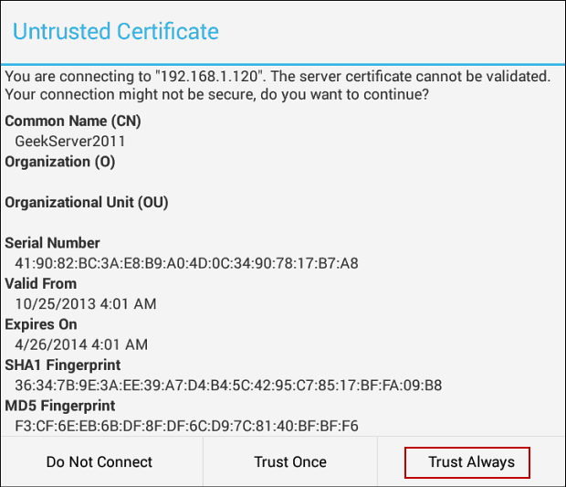 güvenilmeyen sertifika