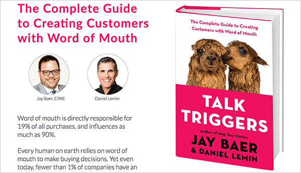 Bu, Talk Triggers web sitesinin ekran görüntüsüdür. Solda Jay Baer ve Daniel Lemin'in kitabı ve fotoğraflarıyla ilgili metin var. Sağda Talk Triggers için kitap kapağı var.