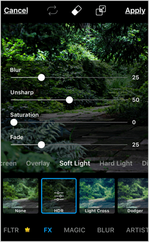 PicsArt gibi mobil uygulamalarda bir efektin yoğunluğunu ayarlayın.