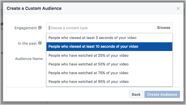 10 saniyelik video görüntülemelerine dayalı Facebook özel kitlesi.