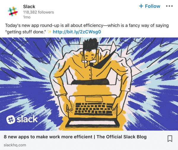Slack LinkedIn şirket sayfası yayını örneği.
